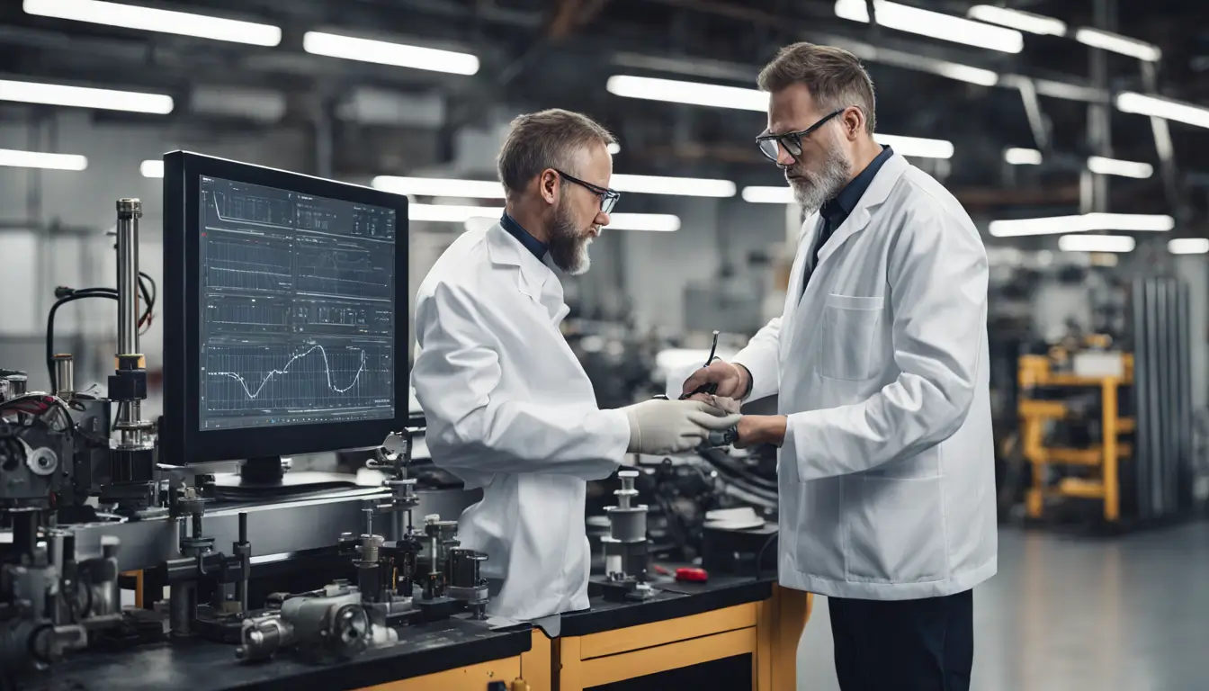 Engenheiro analisando sistema de medição digital conectado ao motor de um carro em oficina automotiva industrial.