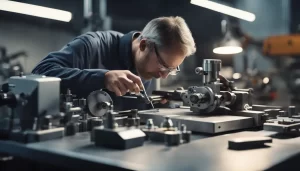 Metrologista industrial utilizando um micrômetro digital para medir exatamente uma engrenagem metálica, com instrumentos de precisão ao fundo.