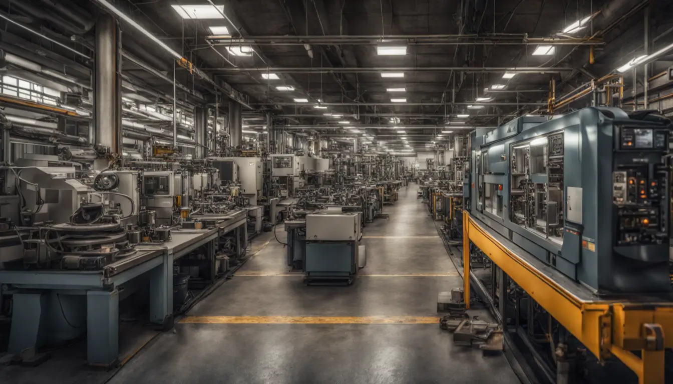 Imagem de uma fábrica com técnicos operando equipamentos de metrologia e ferramentas de medição sobre uma mesa, representando terceirização de metrologia industrial.