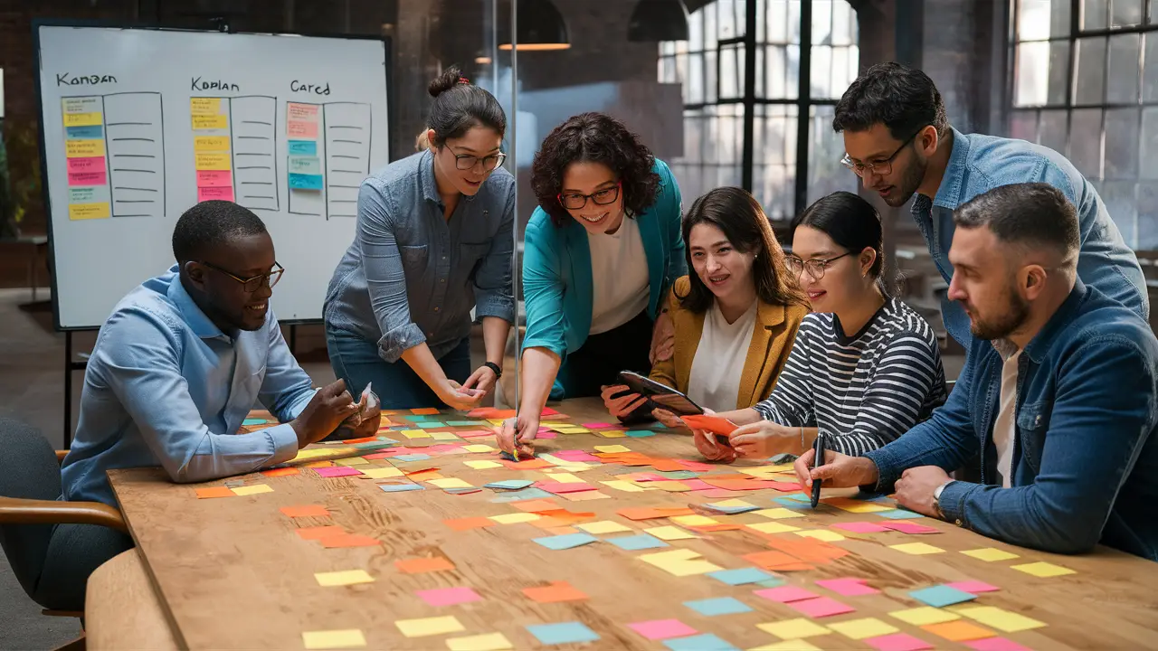 Profissionais colaborando em torno de mesa com notas adesivas e quadro Kanban ao fundo em escritório moderno.