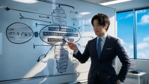 Homem japonês em terno analisa diagrama de espinha de peixe em quadro branco em escritório iluminado.