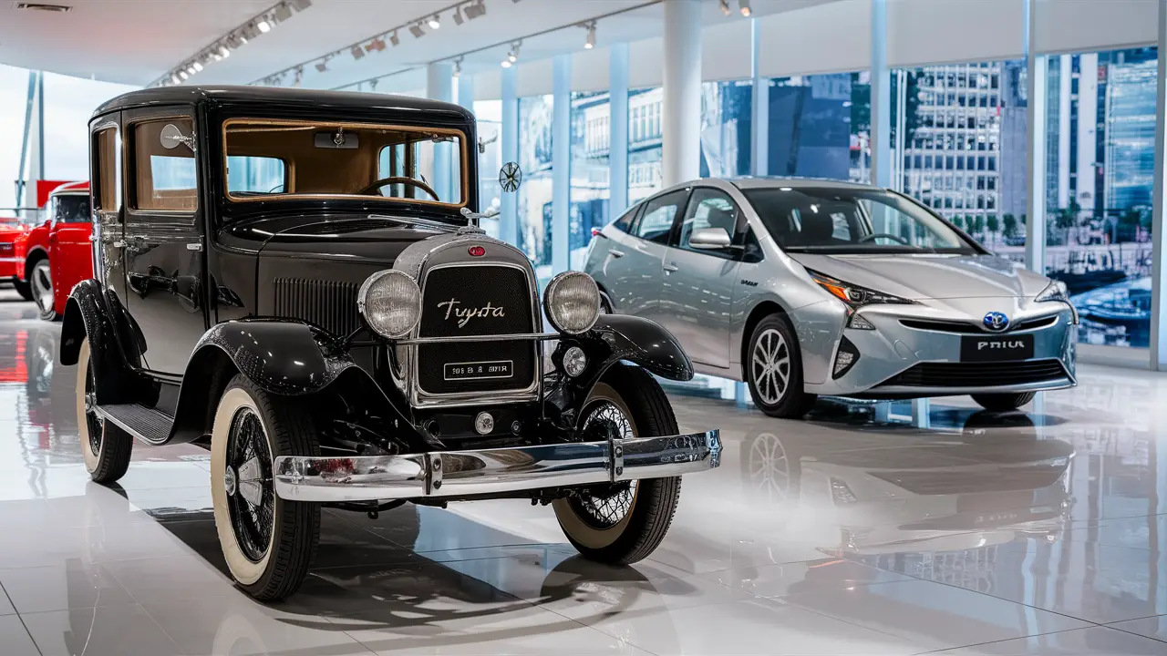 Toyota Model AA vintage carro preto ao lado de um Toyota Prius prata em showroom iluminado com cidade ao fundo.