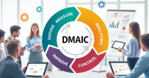 Ilustração do processo DMAIC com cinco etapas em um ambiente de escritório.