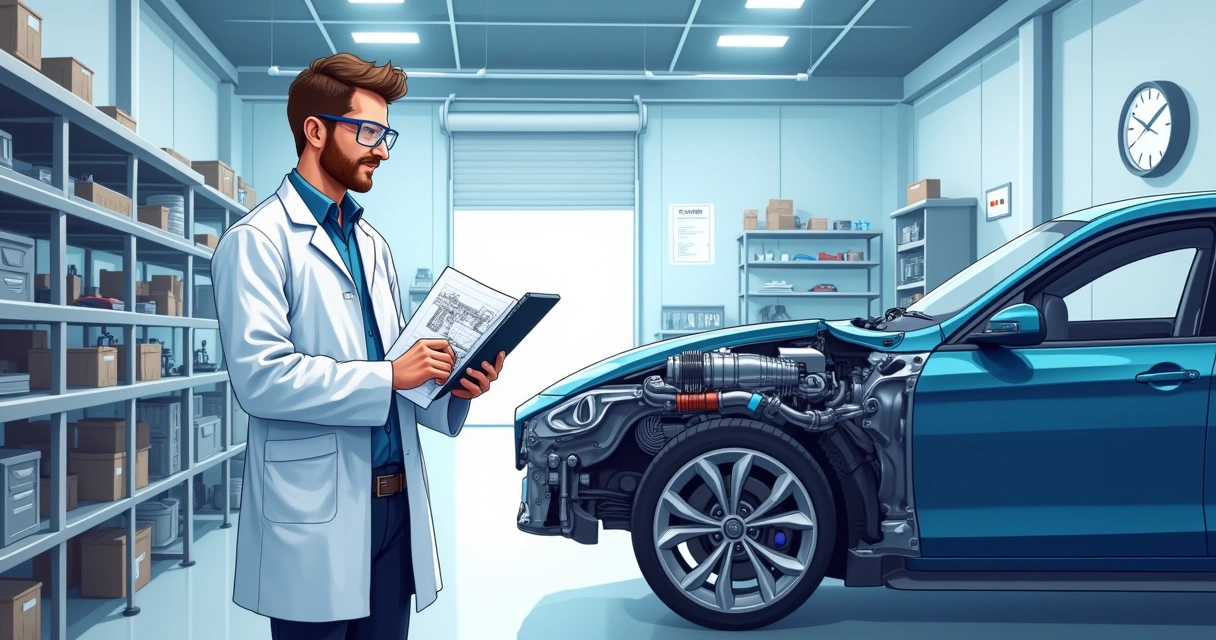 Engenheiro automobilístico analisando um projeto em um garage moderna com ferramentas e carro.