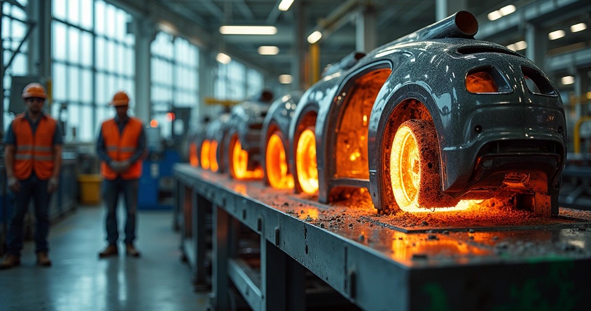 Processo de formação a quente em uma fábrica automotiva moderna com trabalhadores monitorando a operação.