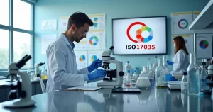 Laboratório moderno com cientista calibrando instrumento, gráficos de ISO 17025 ao fundo.