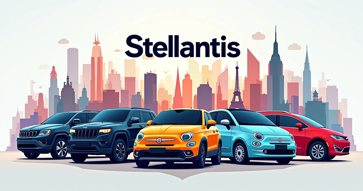 Ilustração do logotipo da Stellantis cercado por carros icônicos em um fundo de cidades globais.