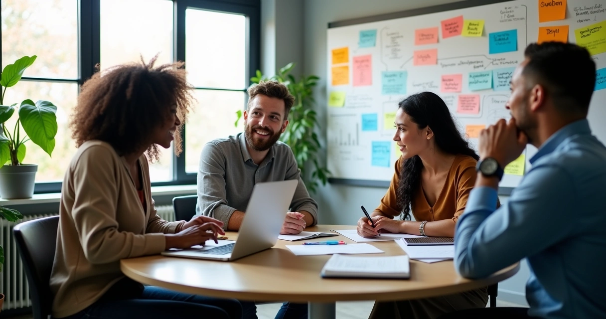Reunião de feedback em escritório moderno, com equipe diversificada discutindo ideias em uma mesa redonda.