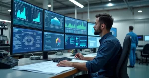 Técnico analisando gráficos e dados em telas de computador em laboratório industrial de metrologia com equipamentos de medição ao redor