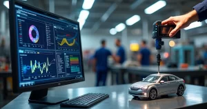 Comparação visual de software de controle estatístico de processo em tela de computador e ferramenta de medição 3D em ambiente industrial automotivo