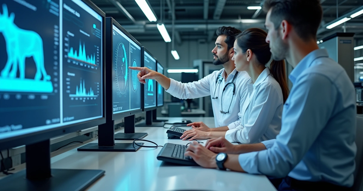 Profissionais em laboratório industrial utilizando softwares de inteligência artificial para análise de qualidade com equipamentos de medição avançados