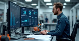 Gerente de qualidade analisando gráficos de calibração em tela de computador no ambiente industrial