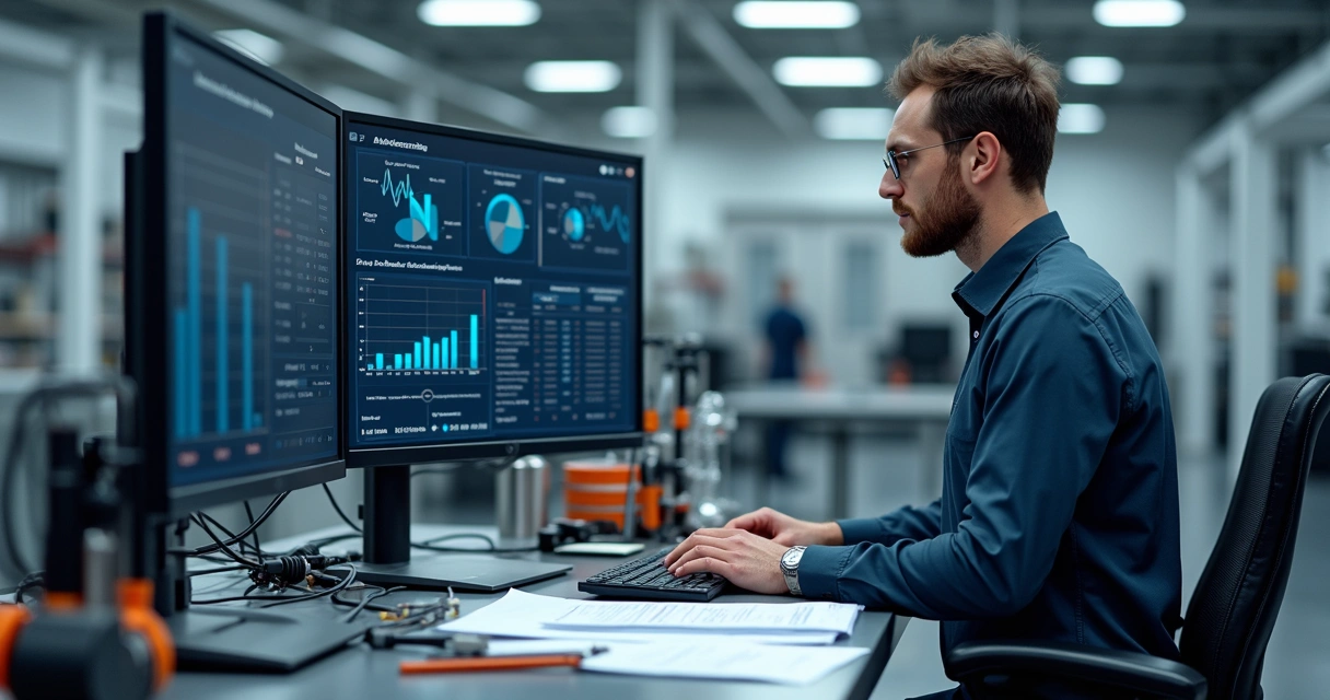 Gerente de qualidade analisando gráficos de calibração em tela de computador no ambiente industrial