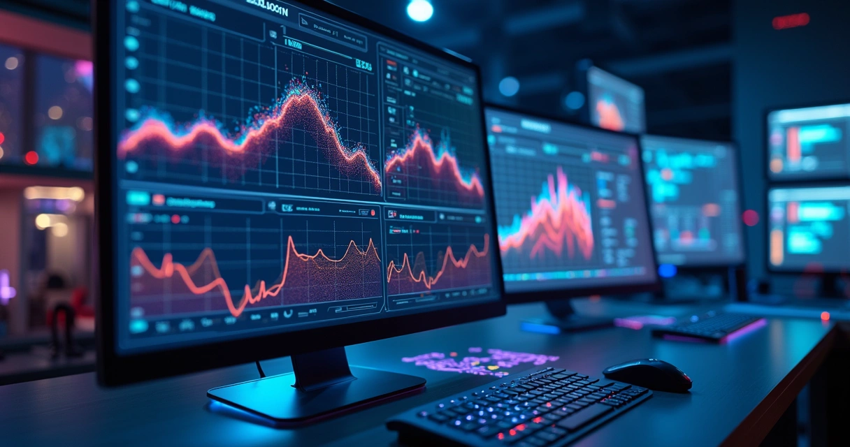Interface digital com gráficos complexos de tendências de falhas e inteligência artificial
