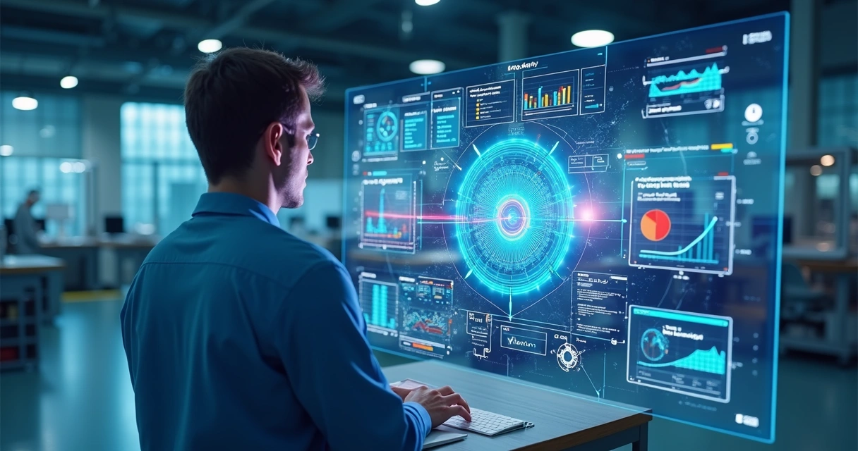 Interface futurista de IA analisando gráficos estatísticos de processo em tela de alta resolução