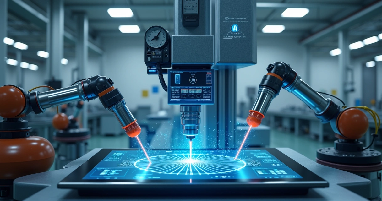 Equipamento industrial de metrologia com interface digital mostrando dados e gráficos gerados por inteligência artificial
