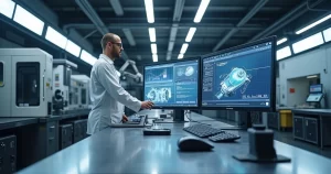 Laboratório de metrologia com equipamentos de medição avançados e telas digitais mostrando dados técnicos simultâneos