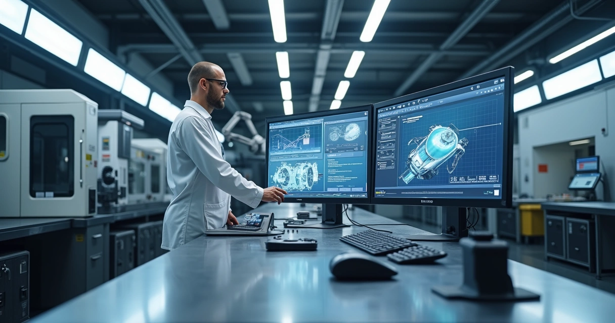 Laboratório de metrologia com equipamentos de medição avançados e telas digitais mostrando dados técnicos simultâneos