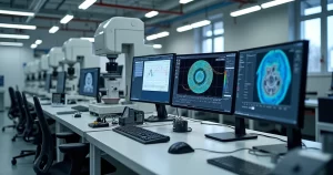 Lab industrial com instrumentos de metrologia e sistemas computacionais modernos para controle e análise dimensional