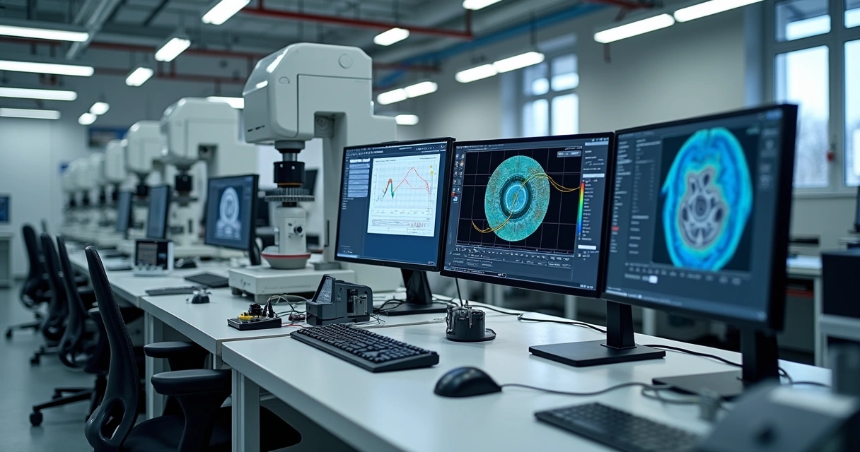 Lab industrial com instrumentos de metrologia e sistemas computacionais modernos para controle e análise dimensional