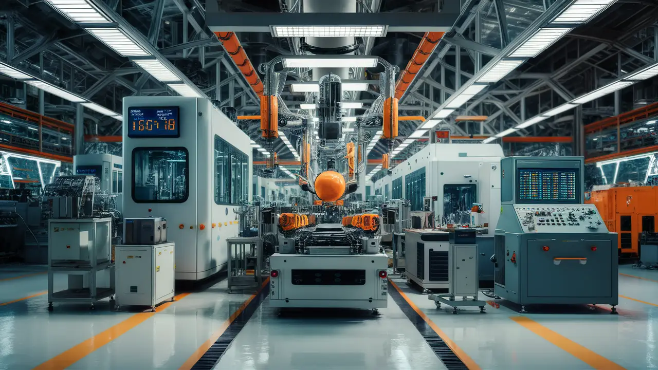 Fábrica com linha de montagem automatizada e tela digital mostrando métricas de eficiência.