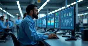 Máquinas de medição industrial em área limpa com operadores analisando dados em telas digitais