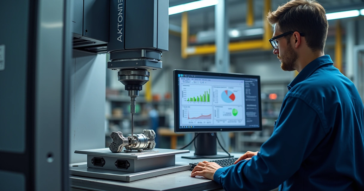 Equipamento de medição automotiva em ambiente industrial com operador e software de controle na tela