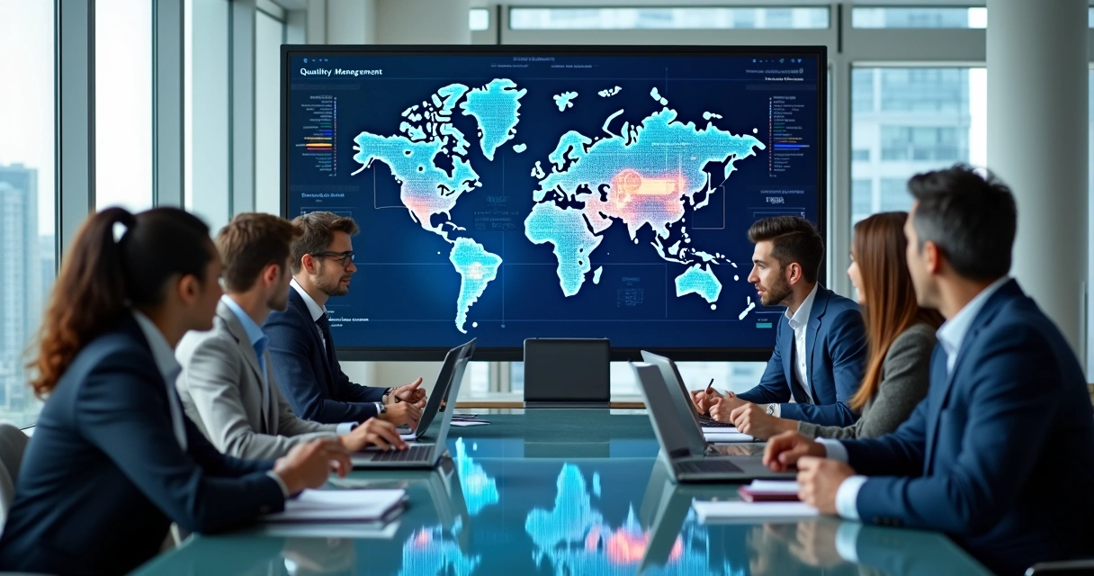 Executivos em reunião corporativa discutindo adoção de inteligência artificial para gestão da qualidade