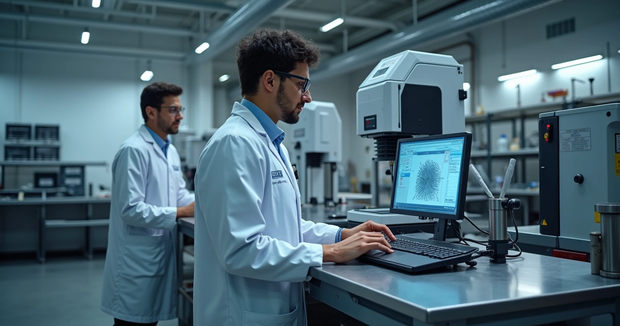 Equipamentos avançados de metrologia em um laboratório industrial com técnicos monitorando telas e instrumentos