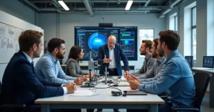 Equipe em treinamento de metrologia com instrutor usando equipamentos de medição em ambiente industrial moderno