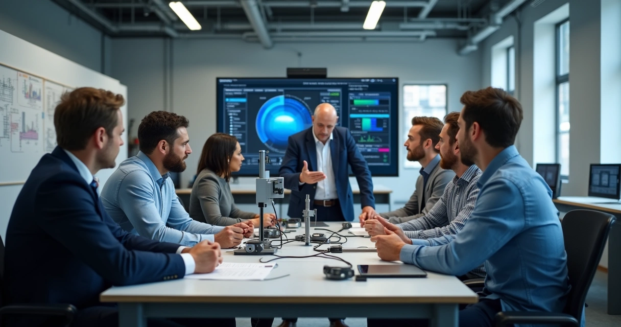 Equipe em treinamento de metrologia com instrutor usando equipamentos de medição em ambiente industrial moderno