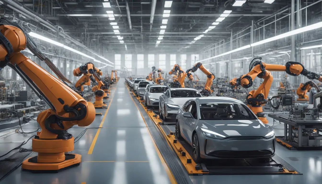 Robôs em linha de montagem automotiva ajustando componentes sob um sistema de calibração, refletindo a importância e frequência no método de Schumacher na indústria.